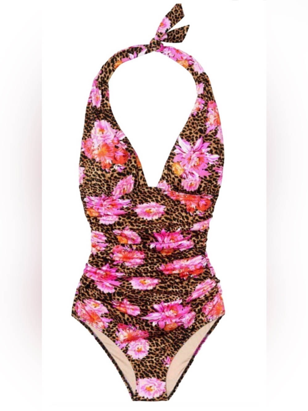 NEW VICTORIA'S SECRET CHEETAH LEOPARD PEONY HALTER ONE PIECE SWIMSUIT SIZE XS